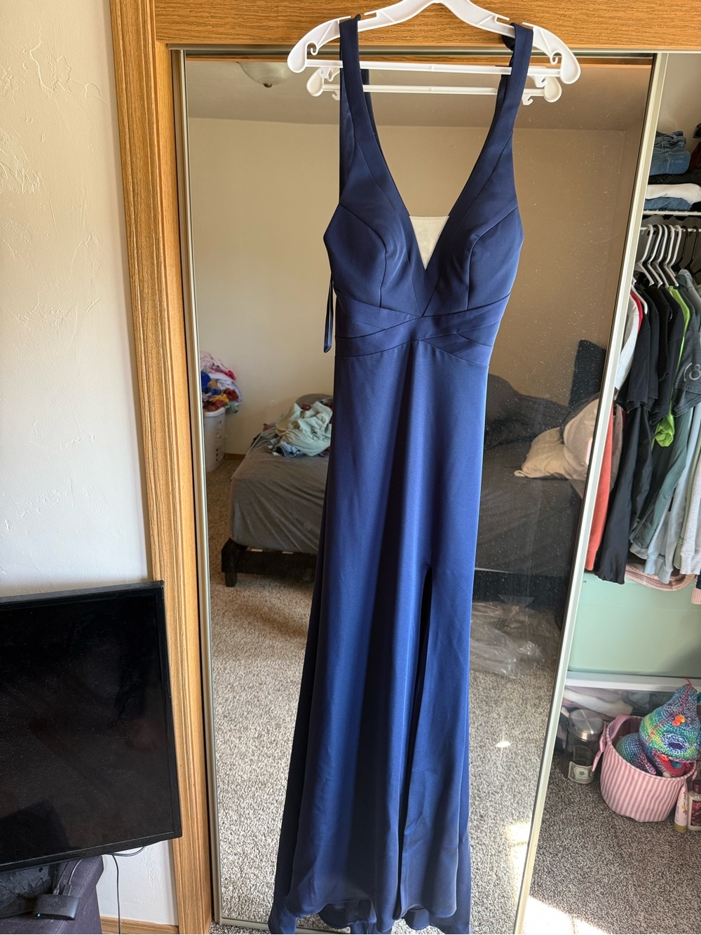 Backless Deep V Navy Evening Gown